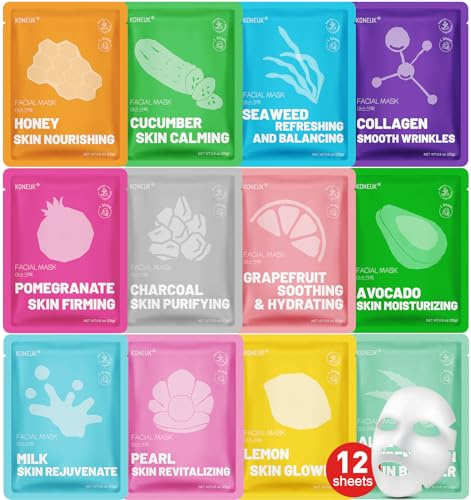 KONEUK 12 Pack Collagen Hydrating Face Masks Skincare, Sheet Face Mask for All Skin Types, Facial Masks Set for Women Skin Care, Face Mask Bulk Spa Gifts for Women
