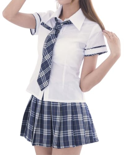 Gatamiau Costume Cosplay d'Écolière pour Femme Ensemble Chemise Mini Jupe Plissée Uniforme Scolaire Tenue d’Étudiant Jeu de Rôle Carnaval Clubwear, Halloween XS-M