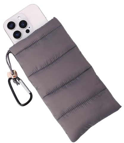 Lyreh Funda Térmica para Teléfono, de Plumón de Algodón Cálida con Funda Protectora Evita la Congelación y el Sobrecalentamiento con Mosquetón Ideal Exteriores Camping Senderismo y Esquí (Gris)