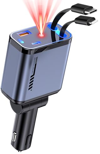 4 En 1 Chargeur Voiture,62w Chargeur Telephone Voiture,Chargeur Allume Cigare Usb C,Adaptateur Voiture LumièRe éToiléE,Avec CâBle RéTractable,Voiture Accessoires,Pour Iphone 16/15/14/13/Galaxy/Android