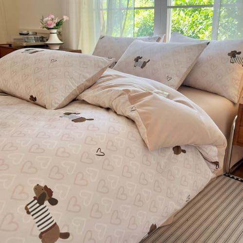 Sedefen Housse de Couette 220x240cm Chien Teckel Rose Blanc Coeur Motif Réversible Parure de Lit en Microfibre 2 Personnes Adulte Linge de Lit Avez Fermeture Éclair et 2 Taies d'oreiller 65x65cm