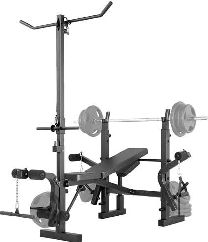 Banco De Pesas Ajustable 4 En 1 Para Gimnasio En Casa - Con Rack Para Barra, Extensión De Piernas, Pad Rizo Predicador y Articulación Mariposa - Plegable y Soporta 900 Lb Para Entrenamiento Completo