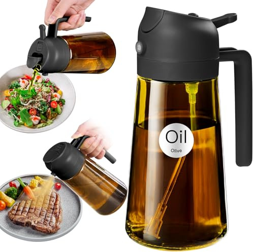 YARRAMATE 470 ml mörkbrunt ljusblockerande oljesprutflask för matlagning | Livsmedelsgodkänd 2 i 1 olivoljeflaska med klistermärken för köksredskap, sallad, stekning, grill (svart)