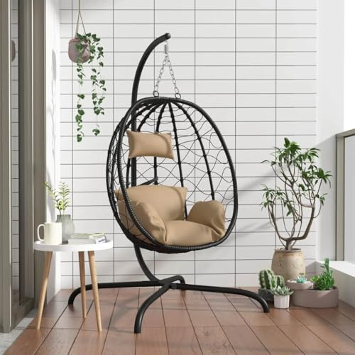 Mokuyary - Sillón colgante con cojín de poliratán y acero topo, sillón de relajación, silla columpio para salón, jardín, terraza, esquina de lectura, exterior, balcón