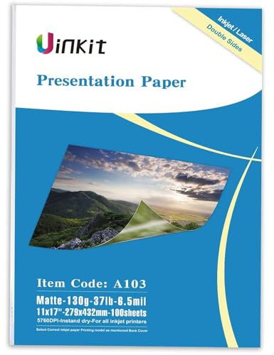 Uinkit Brochure Paper Glossy Double Sided 8.5x11 Inkjet 37lb 140gsm Dye ink Thin Photo Picture Flyer Calendar Magazine CD Cover letter (100, 11x17-matte)