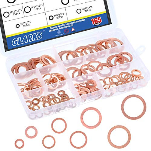 Glarks Assortiment de 165 rondelles d'étanchéité métriques plates en cuivre – 8 tailles de M6 M8 M10 M12 M14 M16 M18 M20