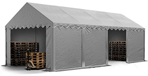 TOOLPORT Stabiles Lagerzelt Zelthalle 4x8 m PVC 800 N grau wasserdicht Unterstand mit Bodenrahmen