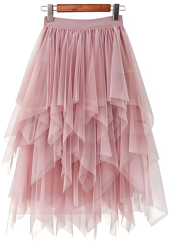 LBKKC Women's Pink Tulle Skirt, Formal High Low Asymmetrical Midi Length Elastic Waist Flowy Layered Puffy Fairy Tutu Halloween Skirts