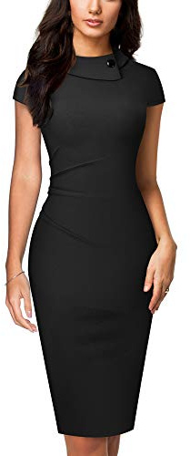 HOMEYEE Robe Crayon pour Femme à Revers Vintage froncé Moulante B574 (L, Noir)