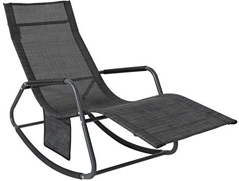 SoBuy Gartenliege Sonnenliege Outdoor Schaukelstuhl mit Seitentasche Liegestuhl für Gärten, Höfe, Strände, Balkone Relaxliege Schwungliege Schwarz/Grau 143x85x57 cm OGS47-MS