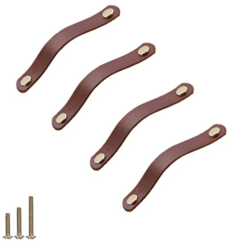 ESreake 4 Pack Soft Genuine Leather Drawer Pulls Handle,Wardrobe Cabinets Kitchen Closet Knobs Door Pulls Handles knobs with Screws,Home Decoration, Handmade (4 Pack, 5.6 - Brown)