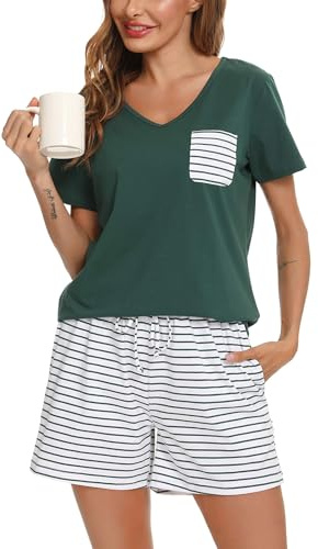 Vlazom Women's Pyjama Sets V-Neck Soft Loungewear Summer Pjs Set Cotton Short Sleeve Sleepwear with Pockets Drawstring Dark Green,M