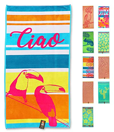 jilda-tex Serviette de plage 90 x 180 cm Drap de bain Serviette de plage Serviette 100 % coton Velours Serviette-éponge Facile d'entretien Différents designs (Ciao)