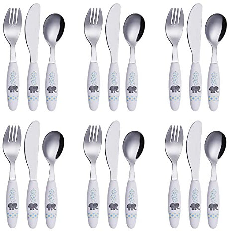 Exzact Cubertería infantil de acero inoxidable, 18 piezas, cubiertos para niños, 6 tenedores, 6 cuchillos seguros, 6 cucharas de cena