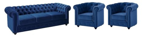 Vente-unique - Canapé 3 Places et 2 fauteuils Chesterfield - Velours Bleu Roi