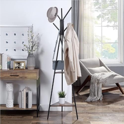 Panana Metal Coat Stand Rack Free Standing Hall Tree Coat Hanger with 2 Shelves for Hallway Bedroom Living Room (Black)
