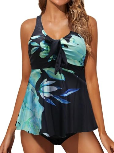 JFAN Baddräkter Halter Backless U-Neck Baddräkter Dam Push Up Två Stycken Casual Blomtryck Tankini Baddräkt med Hög Midja, Grönt tryck, M