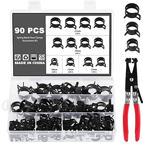 Knpwer 90 Pcs Clip à Ressort Tuyau Serre joints 5 Tailles Tuyaux Colliers de Clip à Ressort Tuyau Serrage Ajustable de Tailles,Avec une Pince à Collier de Serrage