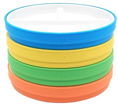 Elk and Friends Platos De Porcelana Blanca Para Niños De 7.8 Con Fundas De Silicona. Platos Divididos. Apto Para Microondas Y Lavavajillas. Platos Antideslizantes Para Aperitivos.