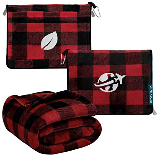 PAVILIA Manta de viaje y almohada, manta de avión con apertura de brazos para adultos, manta compacta con agujero para el brazo, bolsa 2 en 1 para vuelo, coche, camping, equipaje, mochila, regalo de