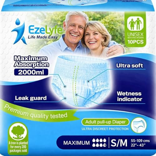 Premium Adult Incontinence Pants Pull Up Diaper Men & Women, S/M Pack of 10 | Premium, Maximum Absorption Pull Up Diapers, Ultra Soft, Breathable, Anti-Leak Protection, Disposable Underwear