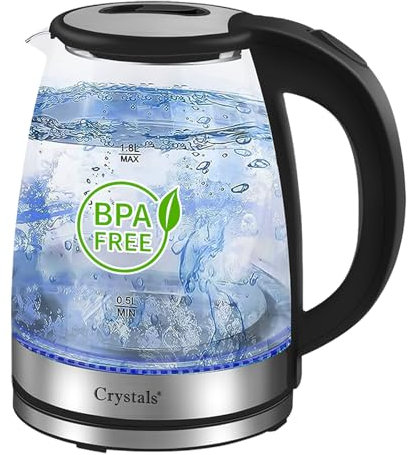Crystals 1.8L/1500W Glass Electric Kettles, Glass Kettle with Blue LED and Boil Dry Protection, Cordless Fast Boil Quiet Kettle - Easy to Clean Electric Kettle, BPA Free