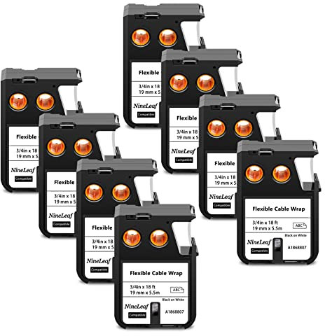 NineLeaf 8 Packung Ersatz für Dymo 1868807 A1868807 19mm x 5.5m 0.7'' 3/4 Zoll Schwarz auf Weiß Bänder Flexible Kabelummantelung Nylon Schriftband für Rhino XTL-300 XTL-500 Beschriftungsgerät