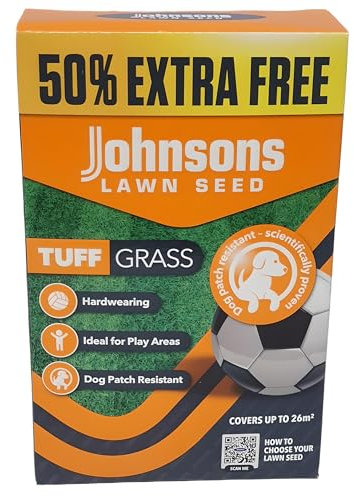 Johnsons TUFF Grass Lawn Seed - Hardwearing, Quick Grow Formula, Dog Patch Resistant, Ideal for Family Yards and Play Areas - Covers up to 26m² - 50% Extra Free