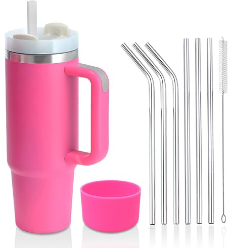 YuanDiann 850 ml/30 oz dubbelväggig rostfritt stål vakuum isoleringsmugg med handtag och lock kaffemugg To Go dryckesmugg resemugg bilmugg med sugrör rostfritt stål och silikonskydd rosenröd