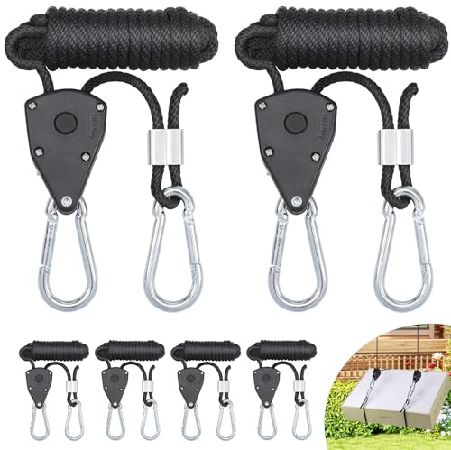 Hejo 6 Pack Heavy Duty Ratchet Hangers, 1/8 Inch Adjustable Rope Ratchet with Hook, 4mm Cord Tent Guy Ropes, 2.4 m Guy Ropes for Awning, Grow Light Rope Hangers for Plant Fan, Light