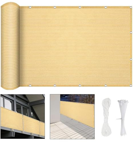 Balkon Sichtschutz, Balkonabdeckung 950 x 180 cm Blickdichte Wind Uv-Schutz, Privatsphäre Balkonverkleidung Balkonumspannungen, mit Kabelbinder Und Kordel, für Balkon Zaun Garten, Sandgelb