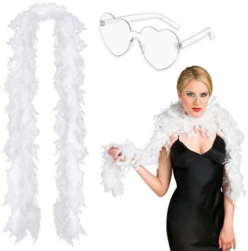 Casenly 1,8 Meter 38 Gramm Federboa, Weiß Flauschige Federschal mit klarer Liebe Sonnenbrille, Federn Boa Partyzubehör für Karneval Kostüm Hochzeit Halloween Dekoration