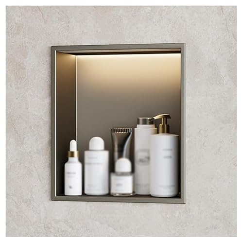 ZCFLWR Nicho de Pared de Acero Inoxidable, nicho de Ducha Empotrado con luz LED, Estante Organizador Impermeable para Almacenamiento en el baño, no Necesita Azulejos (Gris, 32 x 32 x 12,5 cm)