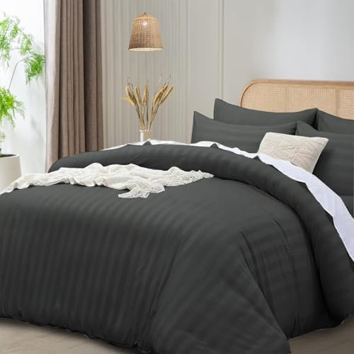 Funky Gadgets Double Duvet Cover Set Charcoal, Microfiber Satin Stripe Luxury Hotel Bedding Sets with Pillowcases Breathable Ultra Soft Reversible Quilt Covers