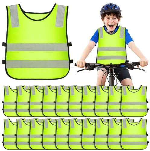 20 Pack Kids Hi Vis Vests, High Visibility Reflective Safety Waistcoats, Neon Yellow for School Trips, Walking Bus, Cycling & Outdoors – One Size (Ages 3–9)