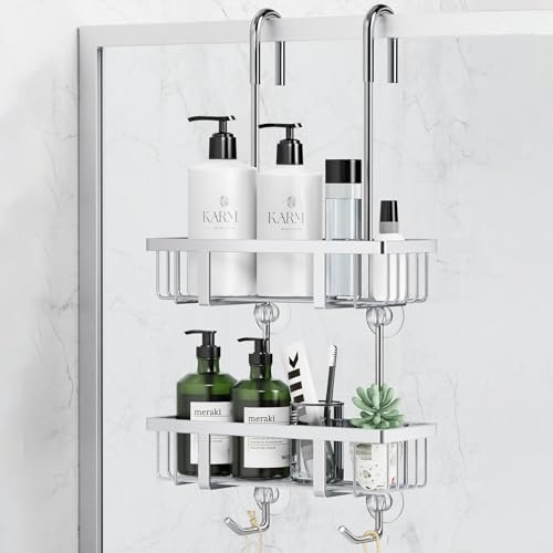 pickpiff Shower Caddy Hanging-2 Tier Shower Storage Over Door Rack Holders, Silver
