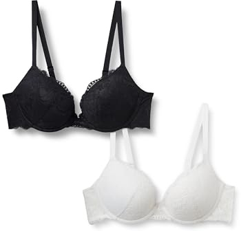 Amazon Essentials Reggiseno Push-up con Ferretto in Pizzo Gallone Elasticizzato Donna, Pacco da 2, Nero/Bianco, 2E