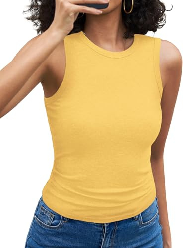 Aottori Womens Tank Tops Summer Sleeveless Basic Vest Top Round Neck Ribbed Camisole Plain Slim Fitted Racerback Cami Shirts Yellow L