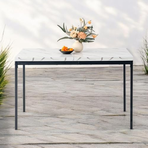 FurnitureR Garten-Esstische aus weißem Marmorimitat, Schlichter und eleganter Stil für 4 bis 6 Personen, Dicke Holzplatte mit Metallstruktur, für Terrasse, Terrasse, Garten, 120 x 70 x 75 cm