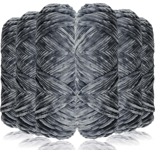Exquilnova 6 Pack Chunky Yarn for Hand Knitting,Multiple Colors Chenille Yarn for Knitting & Crochet,Soft Chunky Wool for Blankets,Cushion,Scarves,Pet Beds,Bags,Hats,Sweaters(Dark Grey)