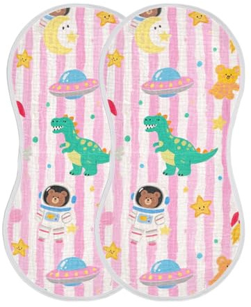 miaozhen Cartoon Cute Dinosaur ROCKETS Stripe cotone grandi panni per il rutto del bambino Morbido tocco panno lavaggio per neonati unisex set di 2, 55,9 x 28 cm
