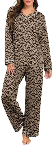 PrinStory Pijama largo con cuello en V para mujer, conjunto de pijama, ropa de dormir de invierno, manga larga, parte superior y pantalones de pijama de pierna ancha