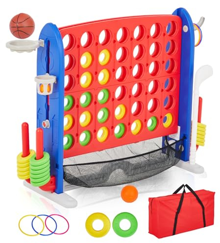 Giant 4-in-1 Connect Game Set | Jumbo 4 to Score Game with Basketball, Golf & Ring Toss | 3-Level Adjustable Height Outdoor Yard Game for Kids & Family Gatherings, Outdoor & Indoor