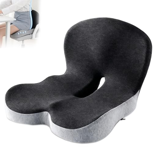 Weciau Rygg- och sittkudde, ergonomisk kontorsstolskudde med ryggstöd, L-formad minnesskum, tryckavlastning, ländryggsstöd, lämplig för hem, kontor och bil, mörkgrå