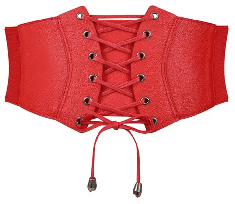 WERFORU Cintura larga da donna vintage elastica cintura in pelle sintetica corsetto cintura con lacci RCA cintura in vita, D-rosso, Passend für Taillengröße 116-125cm