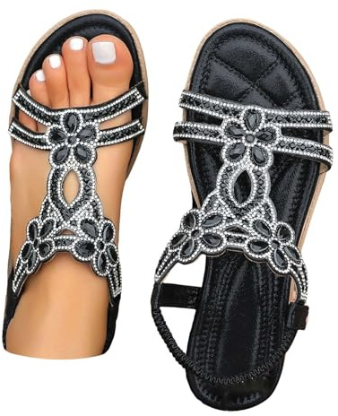Glittersandaler damer platt strass, sandaletter silver damer festliga strandsandaler gummiband Slingback trekkingsandaler halkfria sommarskor bekväma strandskor sportiga semestersandaler