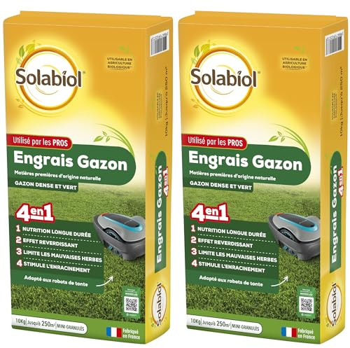 SOLABIOL Engrais Gazon 4 En 1 - Jusqu'à 500m² - 20 kg - Nutrition Longue Durée - Effet Reverdissant - Limite Les Mauvaises Herbes - Stimule L'Enracinement 2x10 Kg SOGAZYPRO10X2