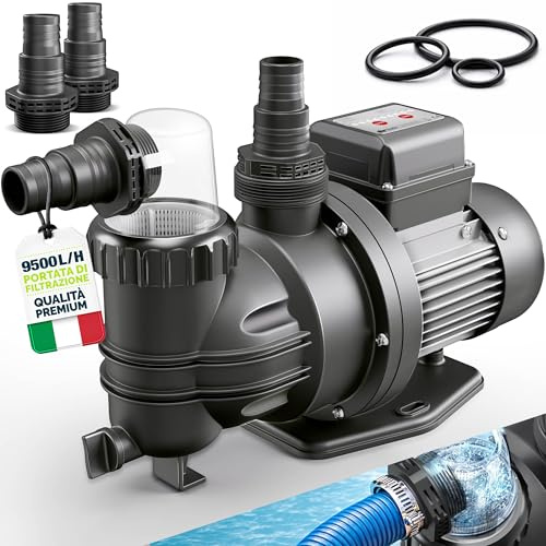 tillvex® Pompa filtro piscina con timer 9 500 L/h & 550 W | Altezza di mandata max. 10 m | Pompa di circolazione per piscine 40 m³ | Autoprimante fuoriterra & spa con prefiltro