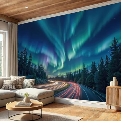Azul Oscuro Mural de Papel Tapiz de Seda con Auroras Boreales Ensueño – Fotomural Decorativo Natural para Sala, Dormitorio Infantil o Adulto – Paisaje Natural Diseño, 200 x 140 cm