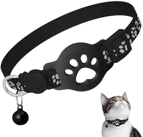LAKPYN Collier GPS pour chat (compatible iOS uniquement) – Collier de sécurité en nylon réfléchissant avec clochette, compatible avec les traceurs, pour éviter les pertes.